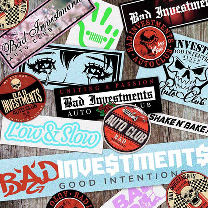 A collage of vehicle decals and slap stickers in various colours that are offered on our website