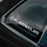 Sticker with 'BAD_INVESTMENTS_AUTO' text on a car window