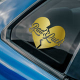 Gold 'Bad Luck' heart-shaped decal on a car window
