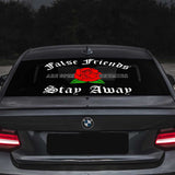 BMW car with a decal on the back window featuring a red rose and text.