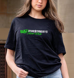A woman wearing a black t-shirt with the text 'BAD Investments Auto Club' printed on the front.