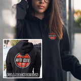 A black hoodie with a graphic on the back showing a car hood, and the text 'AUTO CLUB' and 'RETRO CAR'. The hoodie features a double-lined hood with a drawcord and is shown from a front and back view.
