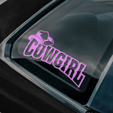 Pink 'Cowgirl' decal on a car window.