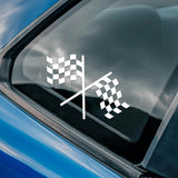 Checkered flag decal on a car window with a blue car in the background
