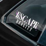 Car window with 'Escape Reality' decal on a dark background
