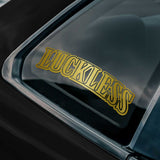Gold 'LUCKLESS' logo on a black background
