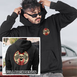A black hoodie with a full back design featuring a red and white checkered pattern and a large central skull logo. The hoodie has a double-lined hood with a color-matched drawcord.