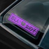 Purple rectangular sticker with Japanese text and a broken heart symbol on a car window