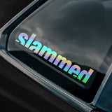 Car window with 'slammed' decal and another logo at the bottom.