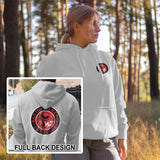 A white hoodie with a graphic on the back showing a red and black smoking skull graphic. The hoodie features a double-lined hood with a drawcord and is shown from a front and back view.