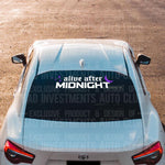 Alive After Midnight Rear Windshield Banner Decal by Bad Investments Auto Club shown on a white Toyota BRZ car.