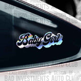 Baby Girl reverse cut retro style sticker shown in holographic on car window