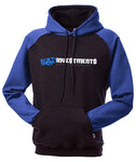 Charcoal and blue pullover hooded sweater with “Bad Investments Good Intentions” design