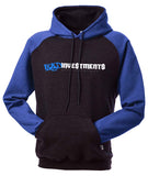 Charcoal and blue pullover hooded sweater with “Bad Investments Good Intentions” design