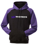 Charcoal and purple pullover hooded sweater with “Bad Investments Good Intentions” design