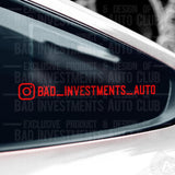 Mockup of Bad Investments Auto Instagram username sticker on car window
