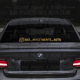 Mockup of Bad Investments Auto Instagram username sticker on car rear windshield