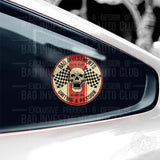 Bad Investments Auto Skull Race Flag sticker with red stripe on car window