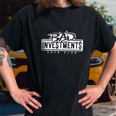 Male model wearing a black tshirt of the Bad Investments "OG Logo Auto Club" design