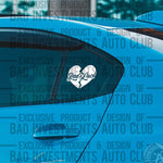 Bad luck broken heart sticker on car window by Bad Investments Auto