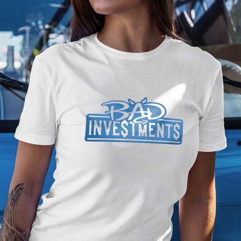 Female model wearing a white tshirt of our classic logo Bad Investments Auto Club design