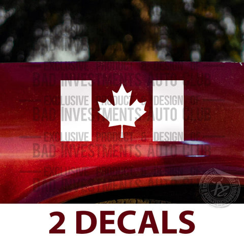 Canadian Flag stickers sold in a pair shown on car