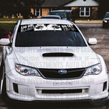 "Crying Anime Eyes Sad Girl Big Cry" windshield sticker design on front of Subaru car