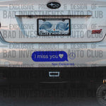 I Miss You Heart Not Delivered Sticker shown in dark blue vinyl on a car bumper