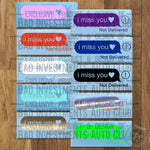 I Miss You Heart Not Delivered Sticker shown in multiple colour variations