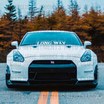 "Always Take The Long Way" windshield sticker design with flower petals on front of Nissan GTR car