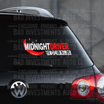 Red and white Midnight Driver with Japanese and English letters, moon and star symbols vinyl sticker on VW car rear window