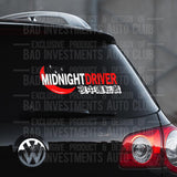 Red and white Midnight Driver with Japanese and English letters, moon and star symbols vinyl sticker on VW car rear window