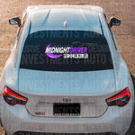 Purple and white Midnight Driver with Japanese and English letters, moon and star symbols vinyl sticker on rear Toyota car window