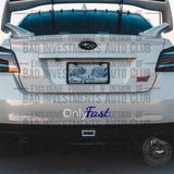 "Only Fast" tuner car style vehicle decal on Subaru car rear bumper by Bad Investments Auto