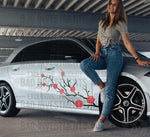 Rose Branch Flower design, large vinyl decal on side of car. Girl leaning against car.