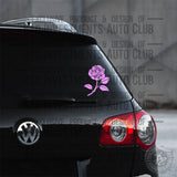 One rose vinyl decal in pink shown on car rear window