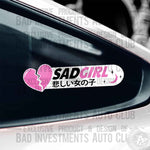 3 Colour "Sad Girl" in English and Japanese lettering with broken heart, moon, stars symbols sticker on car window