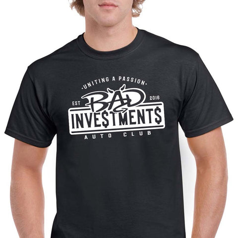 Male model wearing a black shirt of our E.S.T Bad Investments logo design