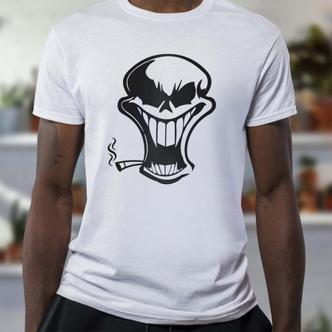 Male model wearing a white tshirt of smoking laughing skull design