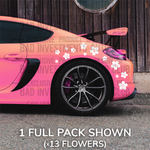 Collage of 13 cherry blossom sakura stickers on car rear quarter panel by Bad Investments Auto