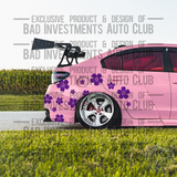 Collage of 13 cherry blossom sakura stickers on car rear quarter panel by Bad Investments Auto